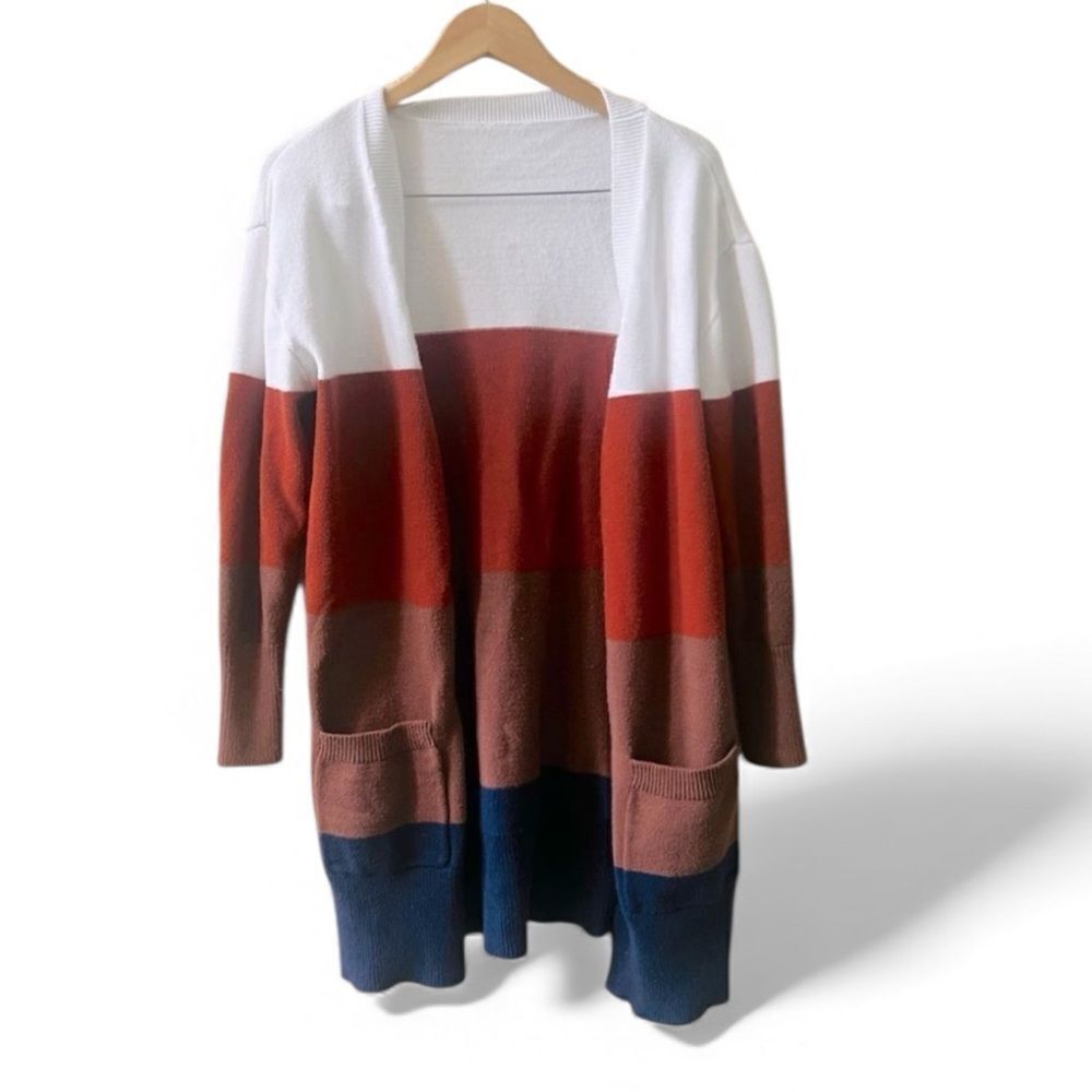 Colorblock‎ Boutique Open Cardigan Size Large Pockets White Orange Blue